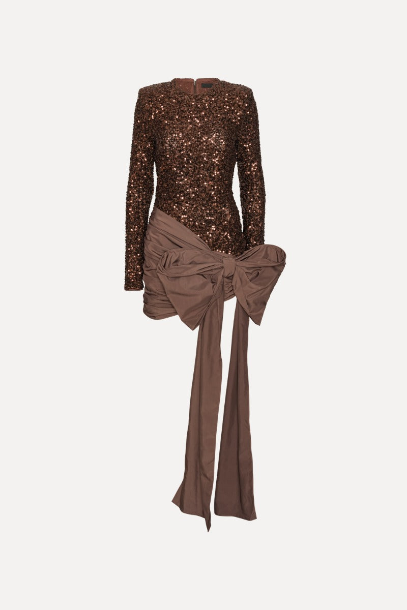 ROTATE MINI ABITO SEQUINS FIOCCO COFFEE