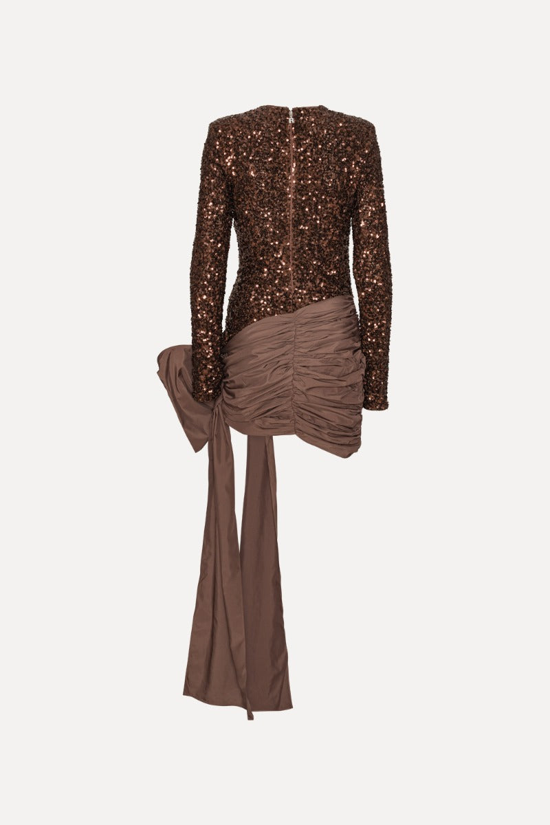 ROTATE MINI ABITO SEQUINS FIOCCO COFFEE