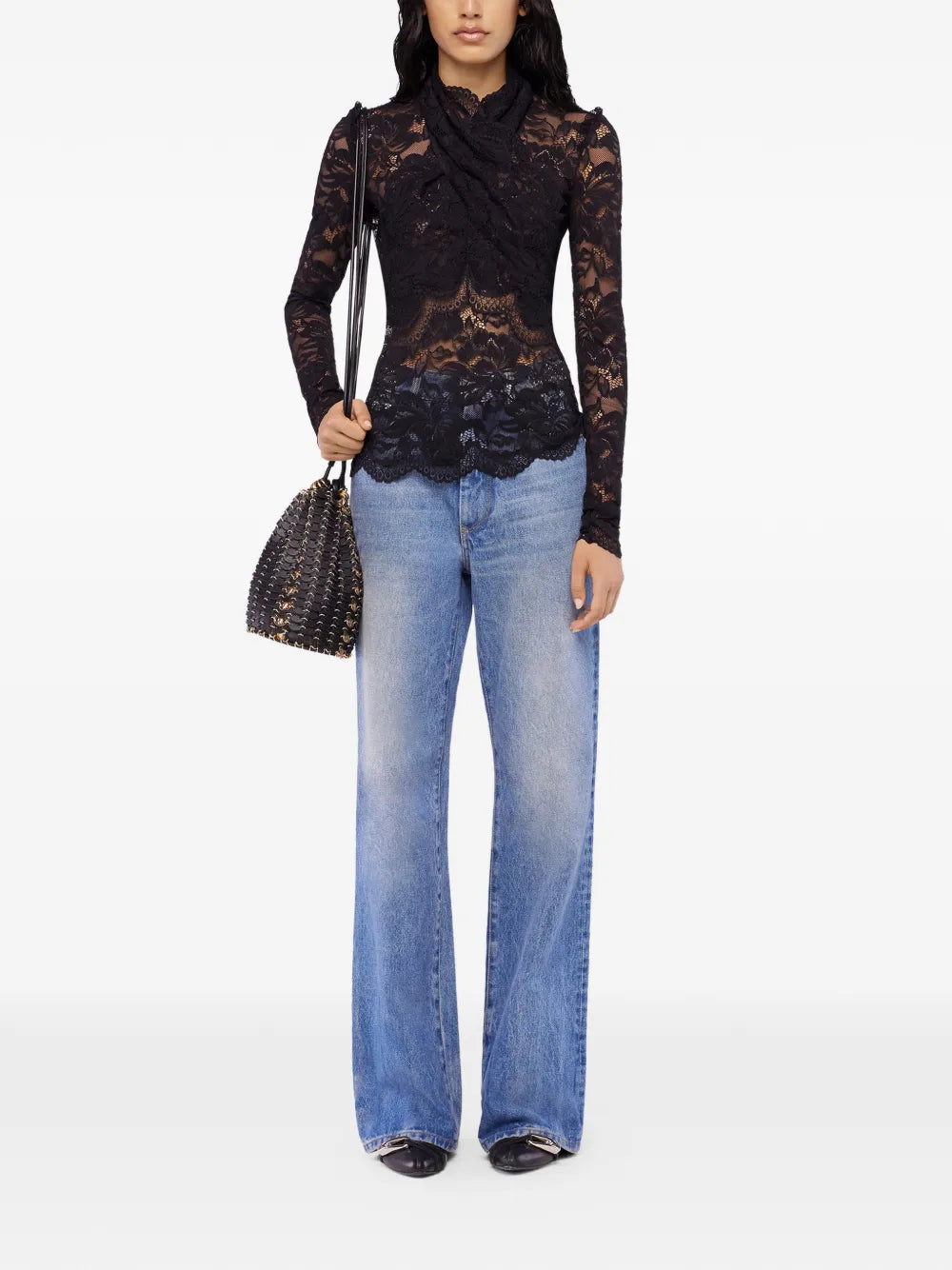 RABANNE MAGLIA PIZZO COLLO ALTO BLACK