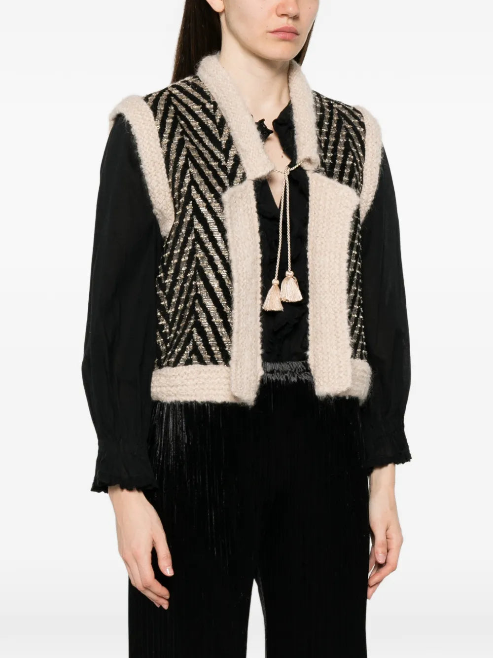FORTE FORTE GILET JACQUARD CHEVRON NERO