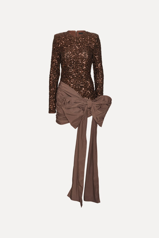 ROTATE MINI ABITO SEQUINS FIOCCO COFFEE