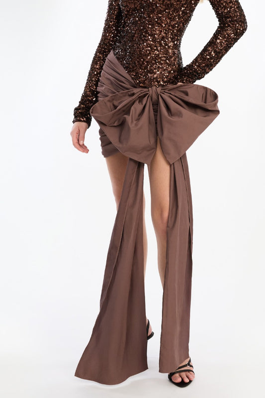 ROTATE MINI ABITO SEQUINS FIOCCO COFFEE